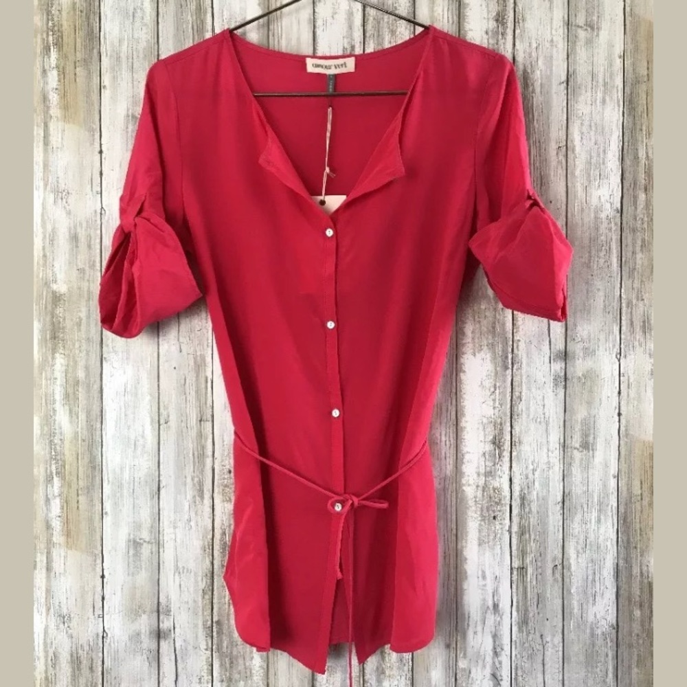 Amour Vert Button Down Blouse SZ S Tie Pink NWT